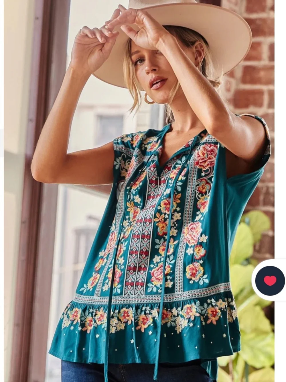 SAVANNAH JANE flowy rayon EMBROIDERED TOP summer boho garden TEAL GREEN large - Picture 6 of 6